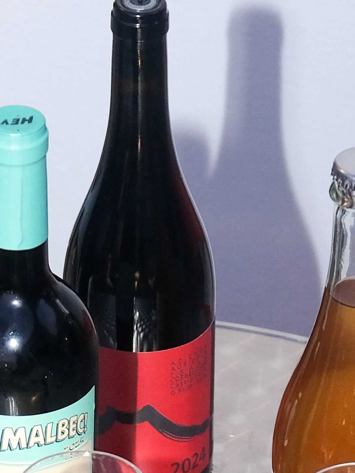 A bottle of Frank Cornelissen Nerello Mascalese on the lit shelf at Filomena in Larnaca
