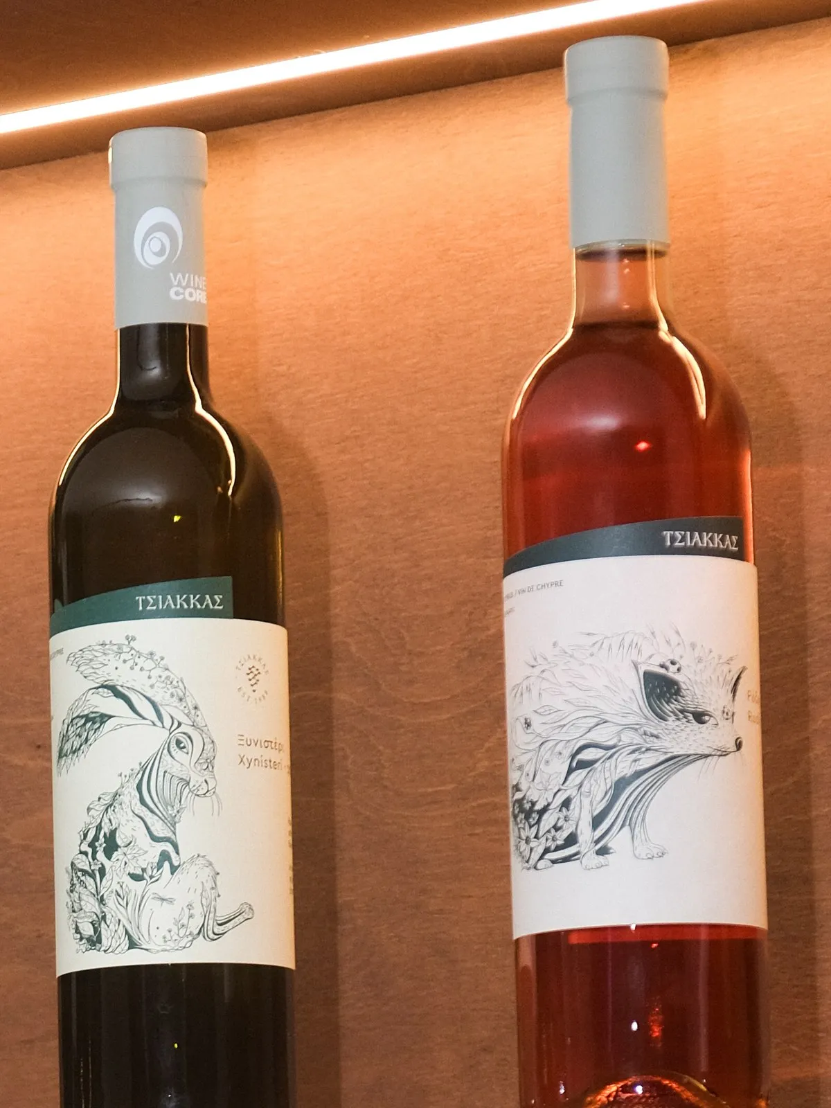 A bottle of Tsiakkas Xynisteri · Mavro · Vamvakada on the lit shelf at Filomena in Larnaca